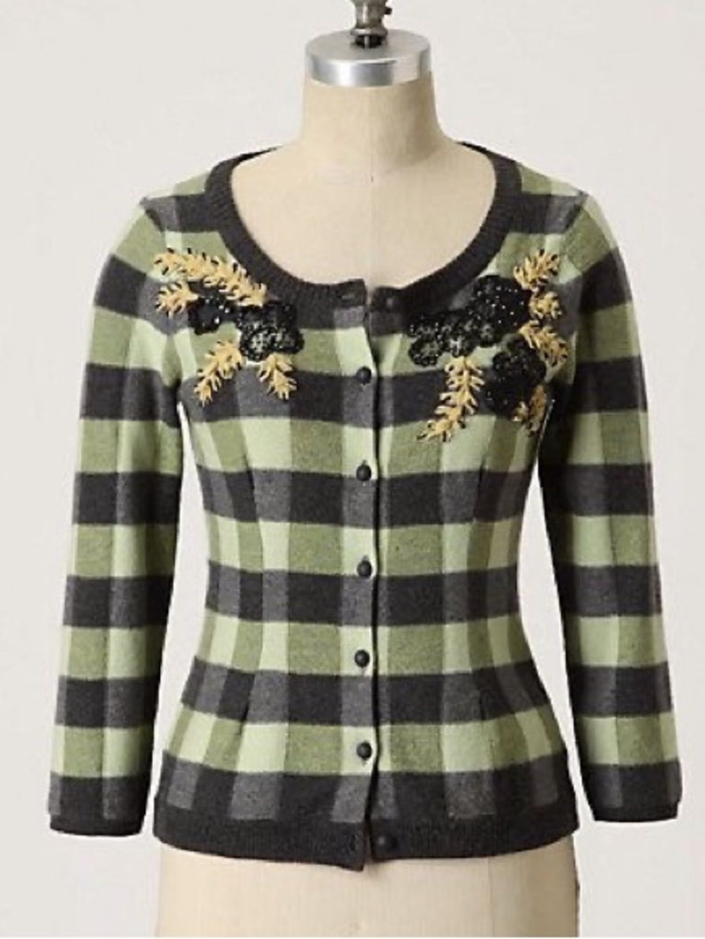 Karen Nicol for Anthropologie Flowering Plaid Cardigan in Green and Gray medium